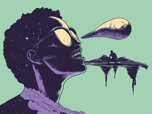 Surreal art of a person with cosmic skin wearing sunglasses, speaking a floating Earth-shaped speech bubble toward a lone figure on a mirrored island—symbolizing mental health, self-expression, and human connection through creativity and fashion.