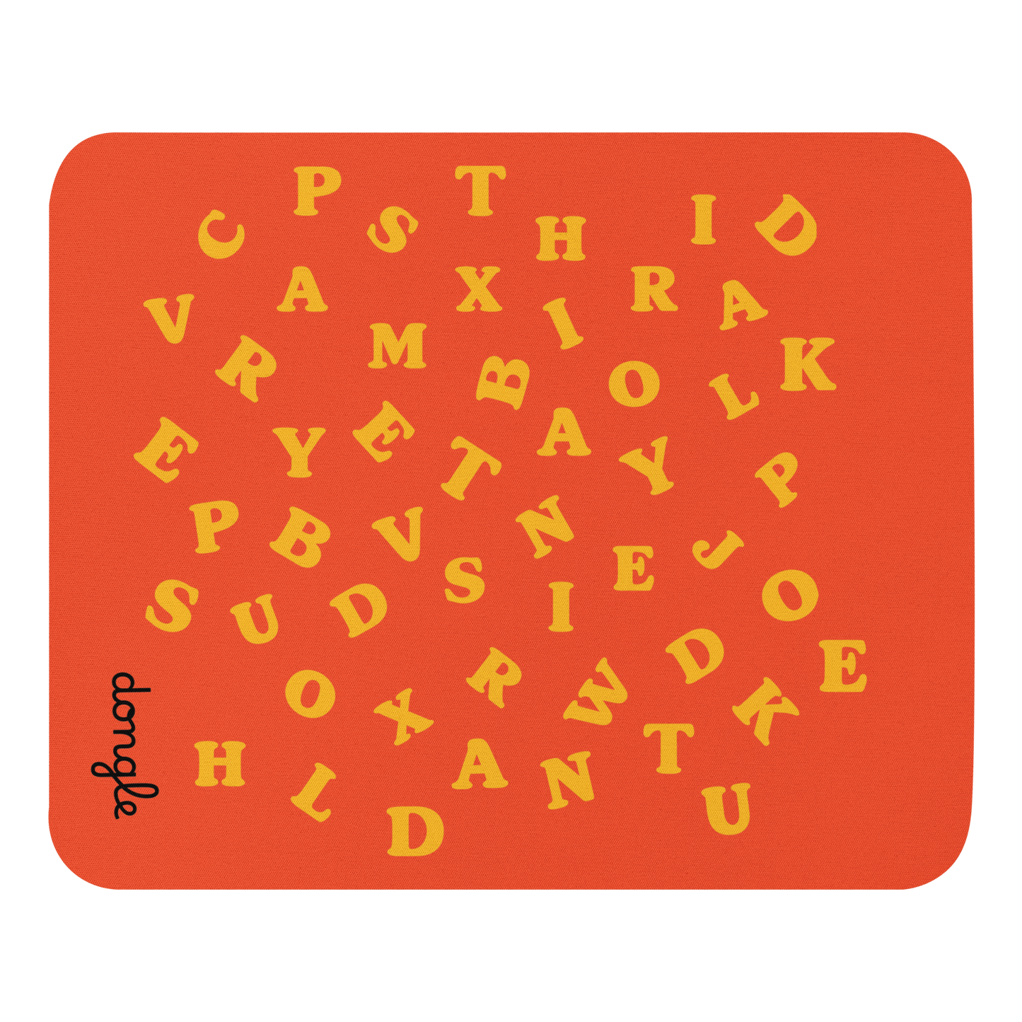 Orange mousepad with scattered yellow alphabet letters and a white wireless mouse on top, designed by Dongle