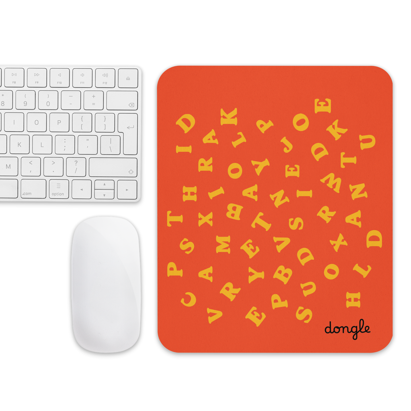 Orange mousepad with scattered yellow alphabet letters and a white wireless mouse on top, designed by Dongle