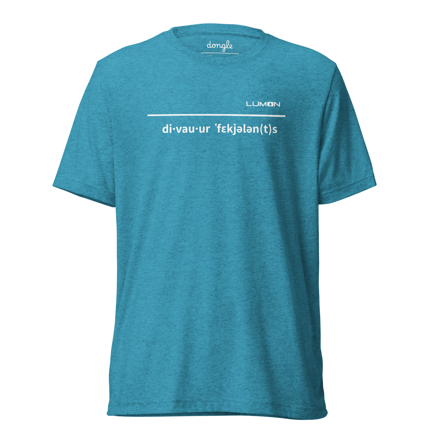 Blue t-shirt with white text featuring the phonetic spelling “di·vau·ur ˈfɛkjələn(t)s” and the word “LUMON” above it, referencing the quote “Devour Feculence” from the TV series Severance, designed by Dongle.
