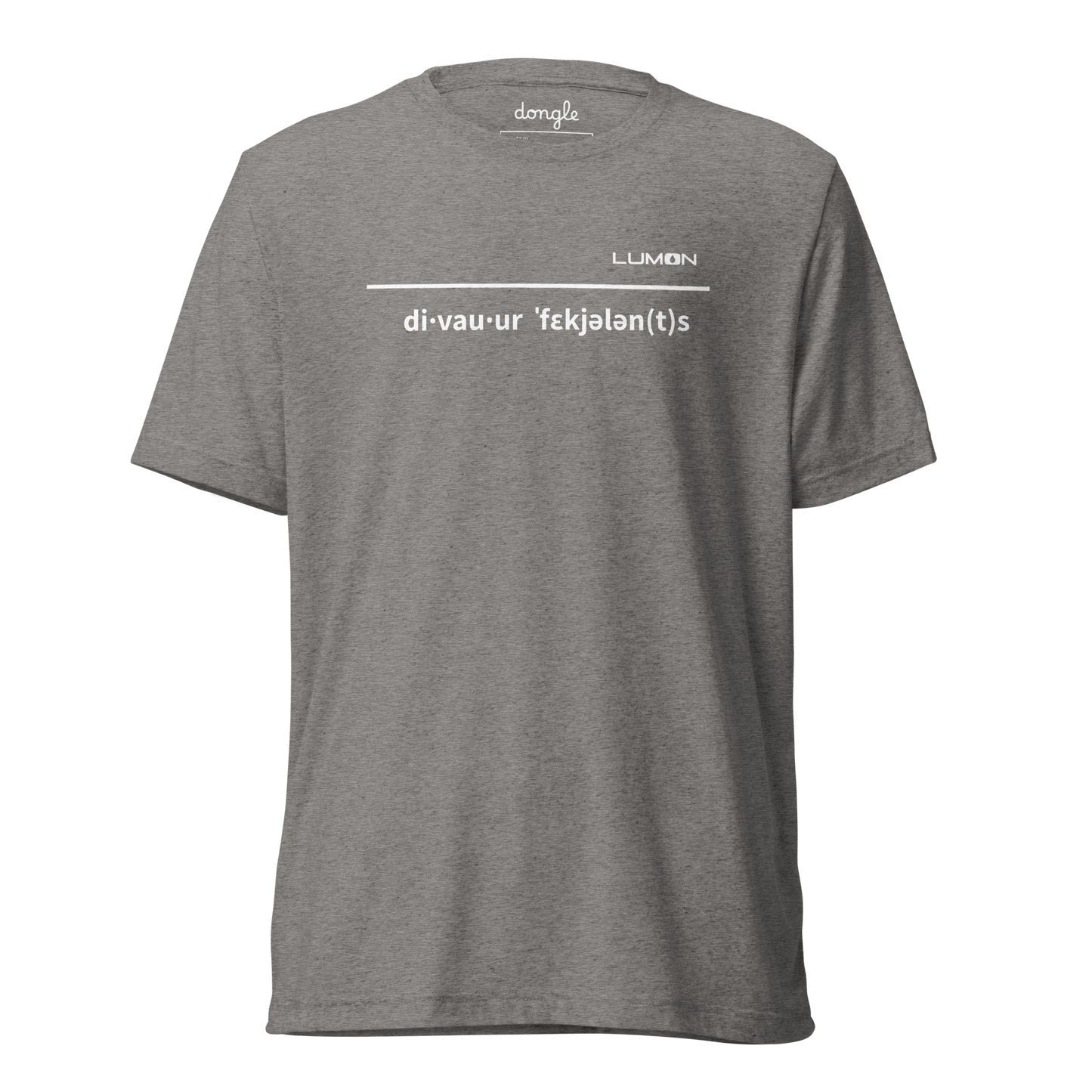 Grey t-shirt with white text featuring the phonetic spelling “di·vau·ur ˈfɛkjələn(t)s” and the word “LUMON” above it, referencing the quote “Devour Feculence” from the TV series Severance, designed by Dongle.