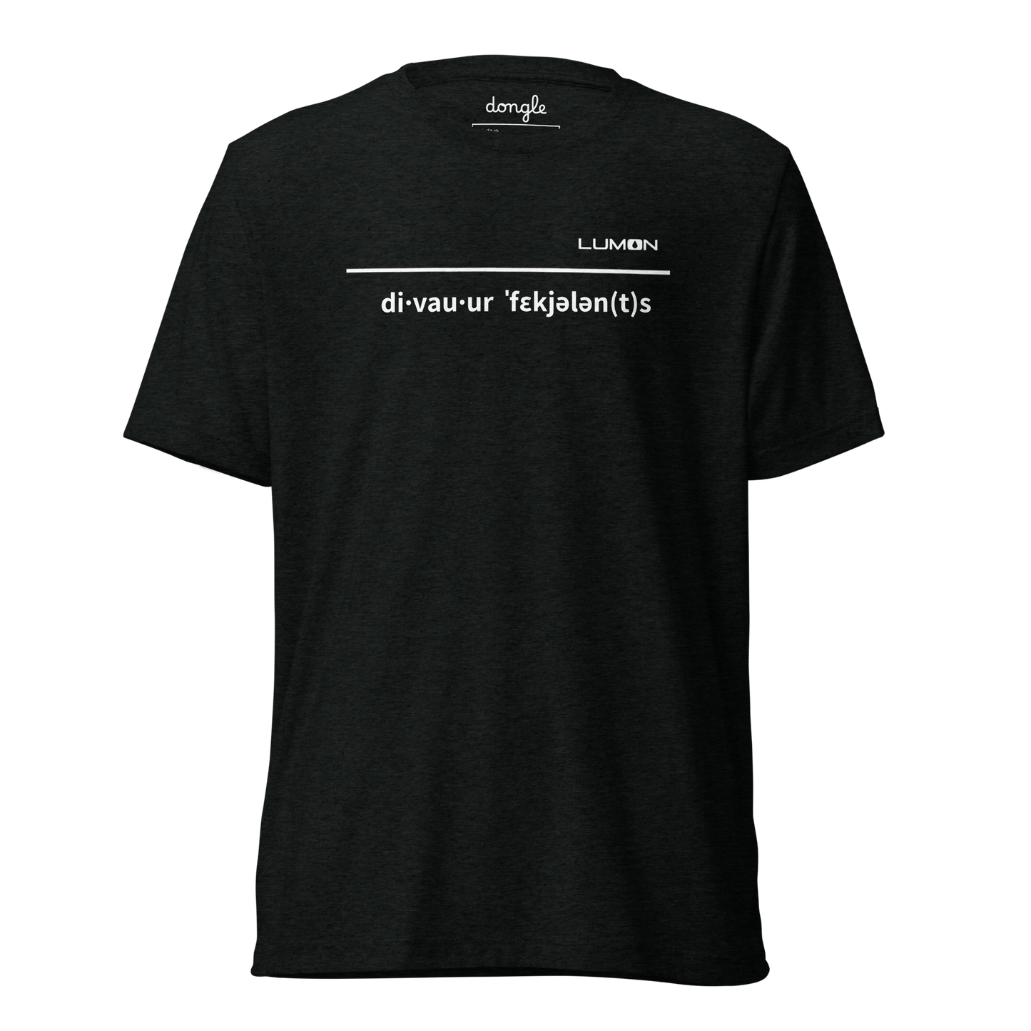 Black t-shirt with white text featuring the phonetic spelling “di·vau·ur ˈfɛkjələn(t)s” and the word “LUMON” above it, referencing the quote “Devour Feculence” from the TV series Severance, designed by Dongle.