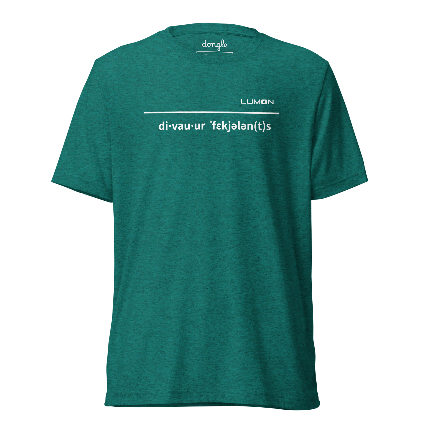 Green t-shirt with white text featuring the phonetic spelling “di·vau·ur ˈfɛkjələn(t)s” and the word “LUMON” above it, referencing the quote “Devour Feculence” from the TV series Severance, designed by Dongle.