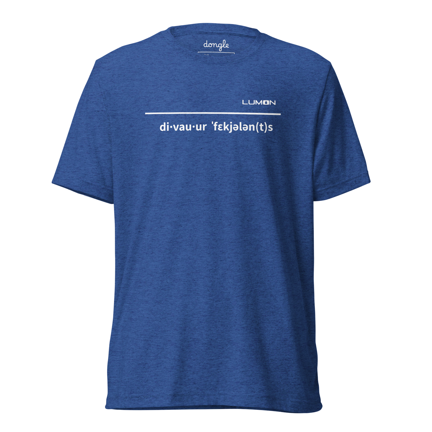 Blue t-shirt with white text featuring the phonetic spelling “di·vau·ur ˈfɛkjələn(t)s” and the word “LUMON” above it, referencing the quote “Devour Feculence” from the TV series Severance, designed by Dongle.