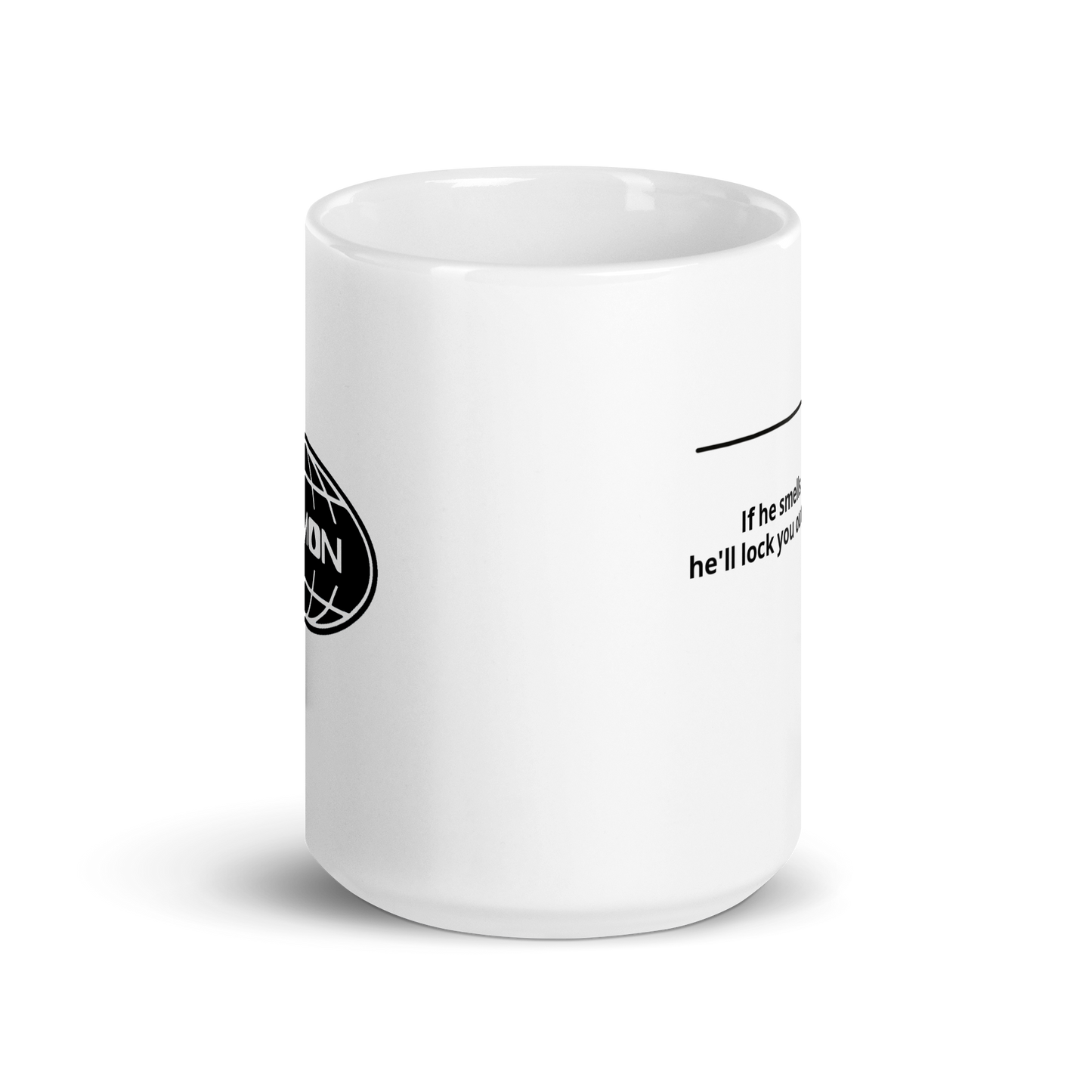 White ceramic mug with the quote “If he smells chicanery, he'll lock you out of the building” – inspired by the Severance TV show and Lumon Industries.