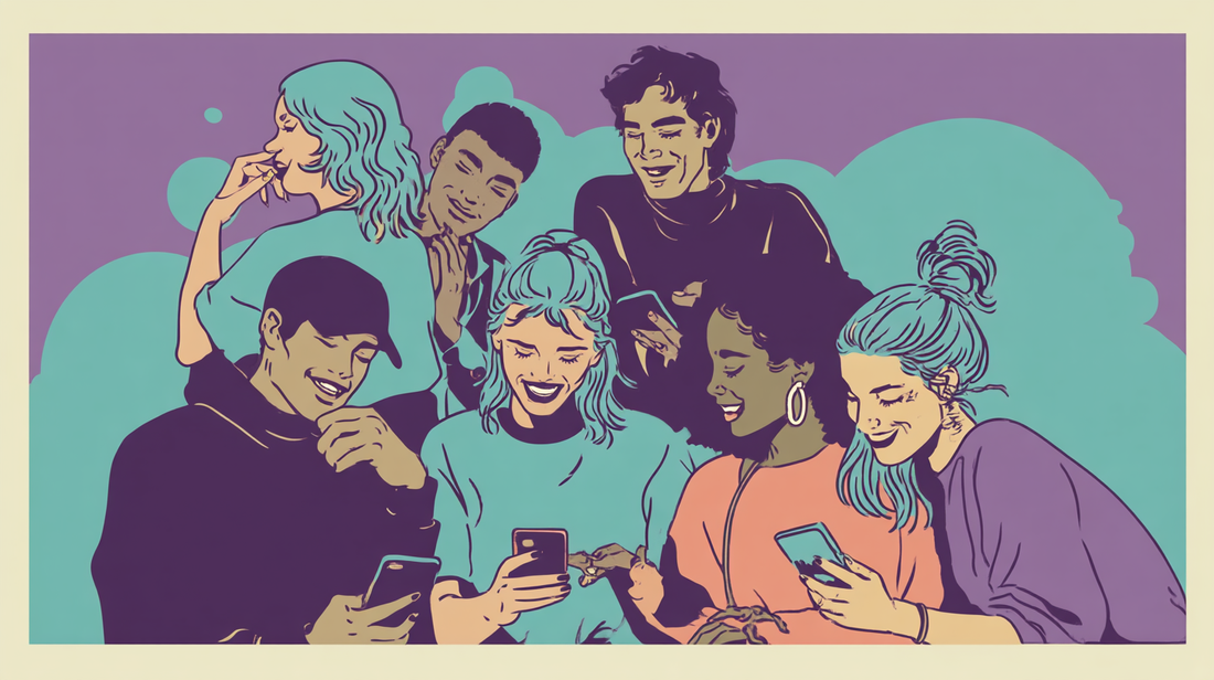 Illustration of a diverse group of young adults laughing and bonding over smartphones, showcasing digital connection and social media engagement in a vibrant, modern style.