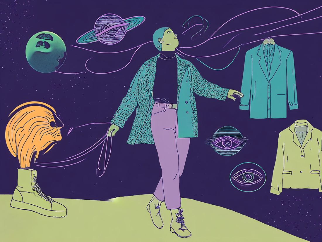 Surreal digital artwork of a person walking through a cosmic landscape surrounded by floating jackets, eyes, and planets, symbolising personal style as a journey of identity, self-expression, and mental health awareness.