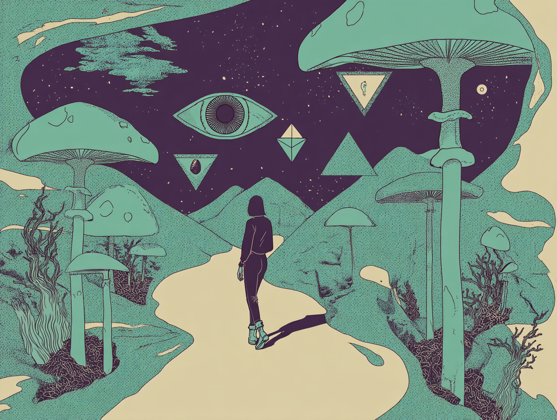A surreal digital painting of a person walking through a glowing forest of abstract shapes and bioluminescent fungi, with ethereal symbols like hearts