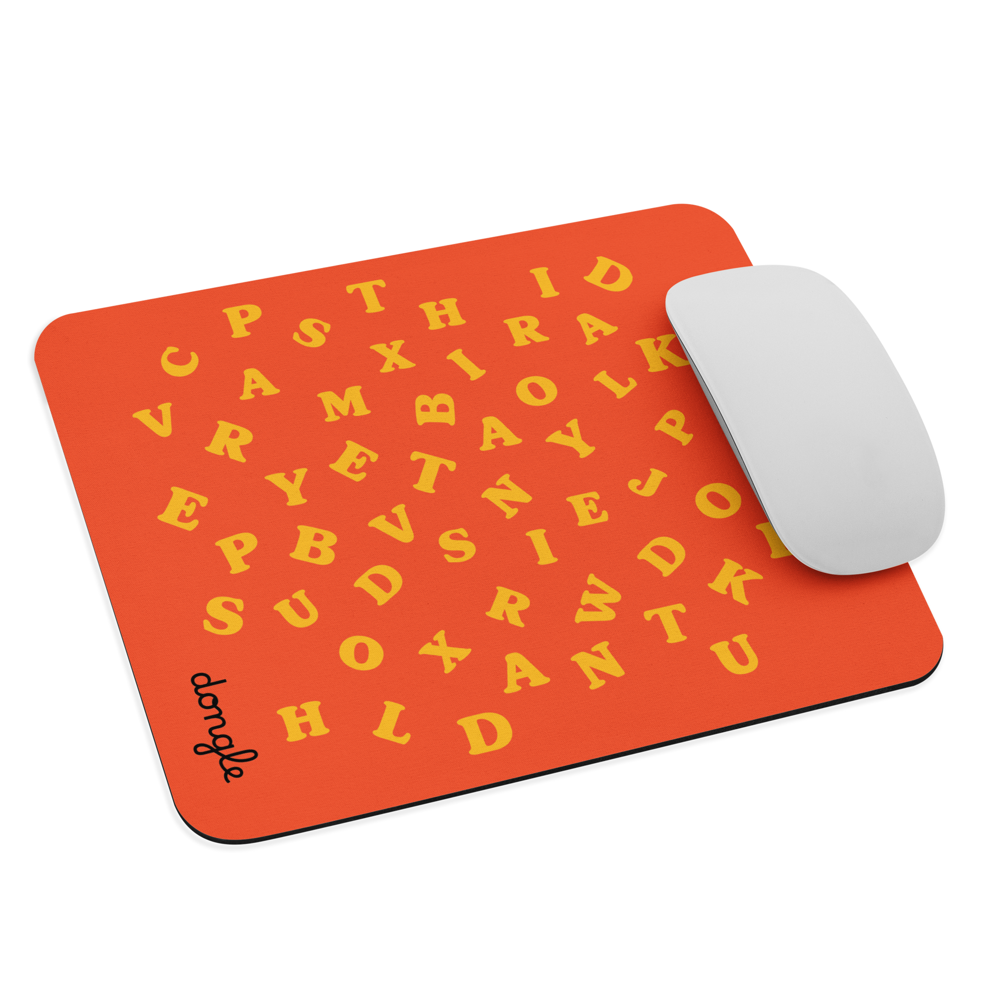 Orange mousepad with scattered yellow alphabet letters and a white wireless mouse on top, designed by Dongle