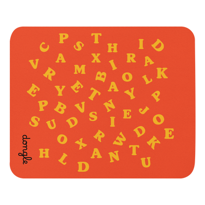 Orange mousepad with scattered yellow alphabet letters and a white wireless mouse on top, designed by Dongle